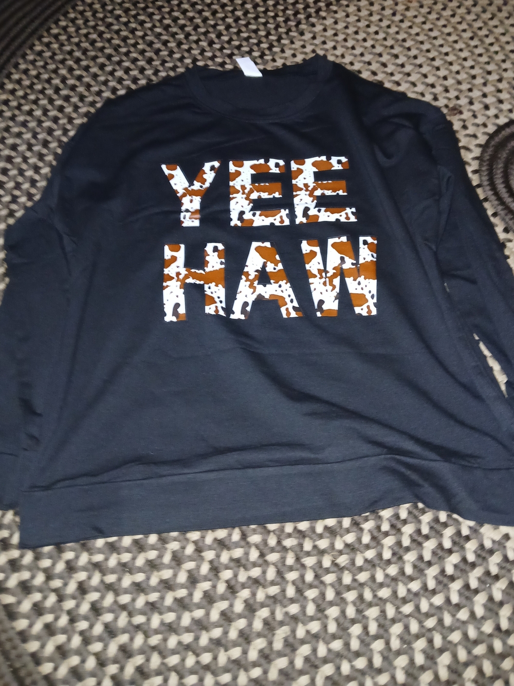 Womens Black 'YEE HAW' Pullover Sweater with Brown-White Print